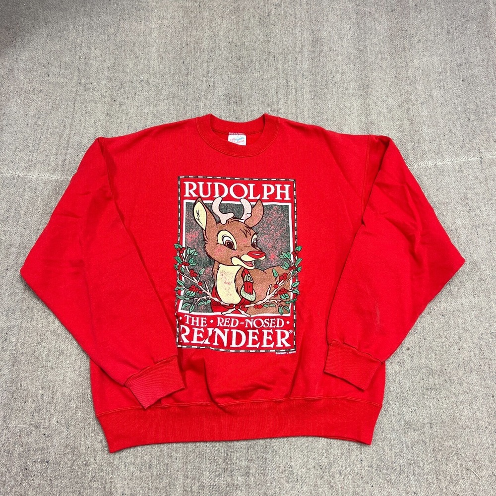 Vintage Rudolph The Red Nose Reindeer Sweatshirt Mens XL Red 1990s
